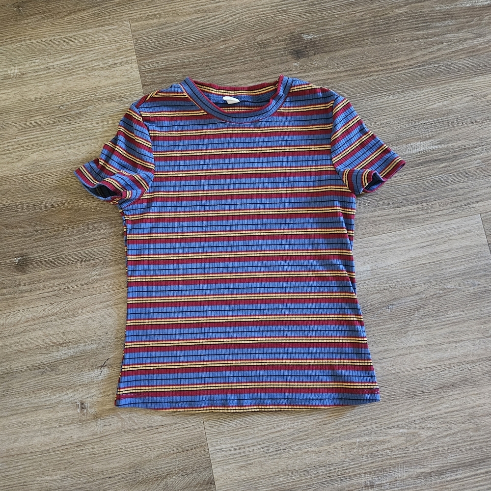 Milumia Women's Casual Multi Striped Ribbed Short Sleeve Tee Knit Top